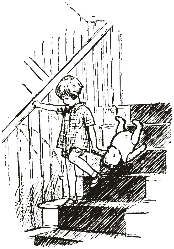 Christopher Robin coming downstairs, dragging Edward Bear behind him by one paw