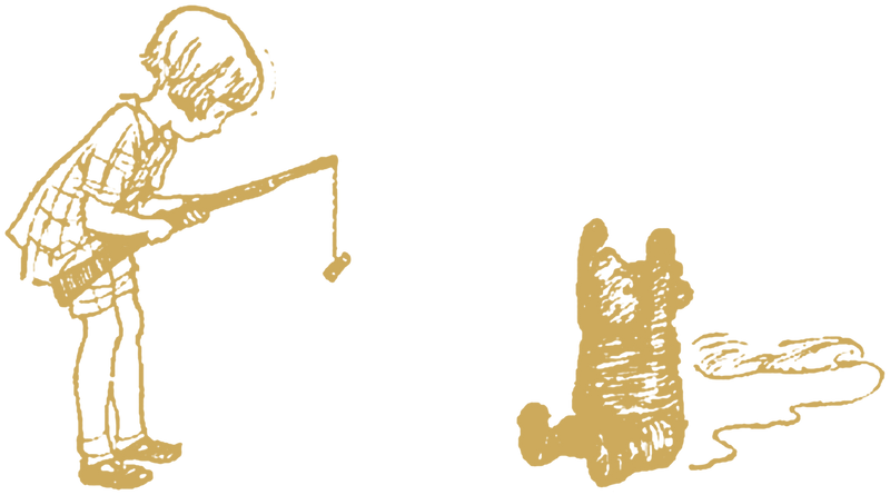 Christopher Robin with his pop-gun and Pooh sitting on the ground, stamped in gold as on the cloth cover of the first edition
