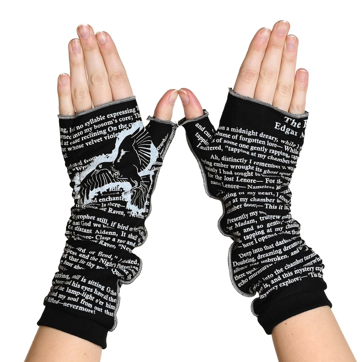The Raven Writing Gloves  Black and Gray Fingerless Gloves - Storiarts